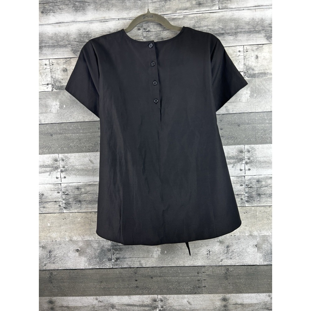 Design Lab Black Short Sleeve 1/4 Button Up Blouse With Back Tie
